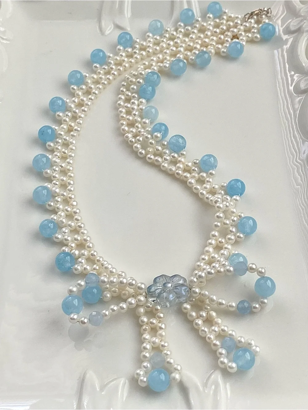 GP89-Hand Braided High Quality Baby Pear And Aquamarine Bow Necklace